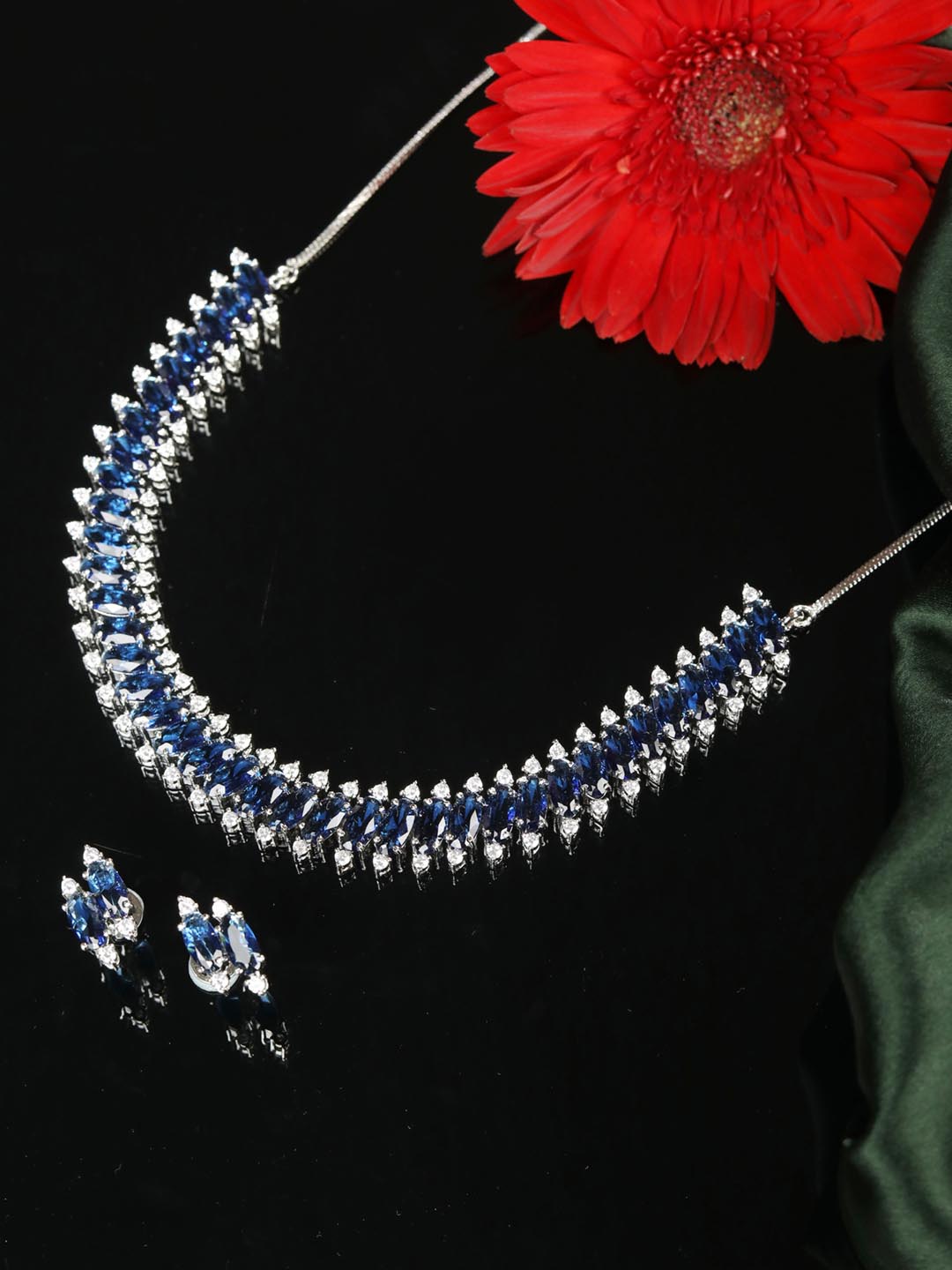 Priyaasi Women Blue American Diamond Silver Plated Jewellery Set - Noz2Toz