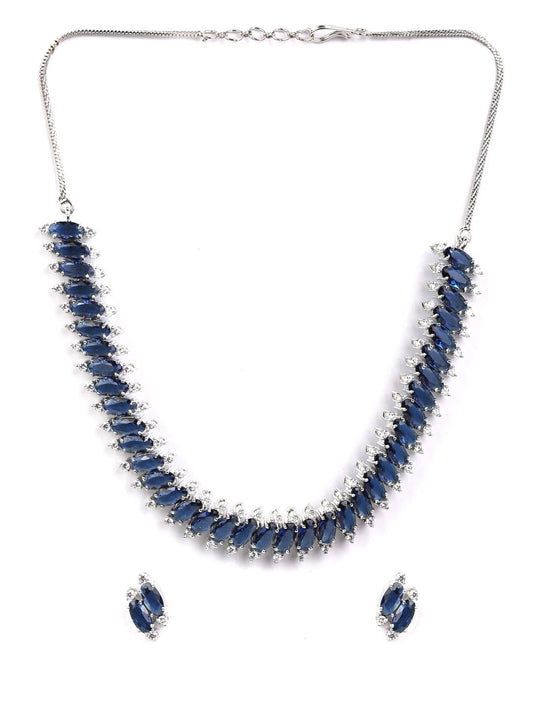 Priyaasi Women Blue American Diamond Silver Plated Jewellery Set - Swadesiicart