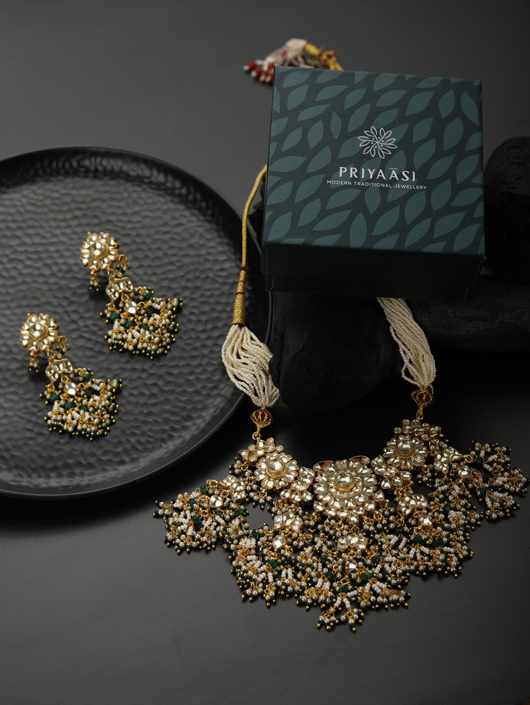 Priyaasi Women White Beads Pachi Kundan Gold-Polished Jewellery Set - Swadesiicart