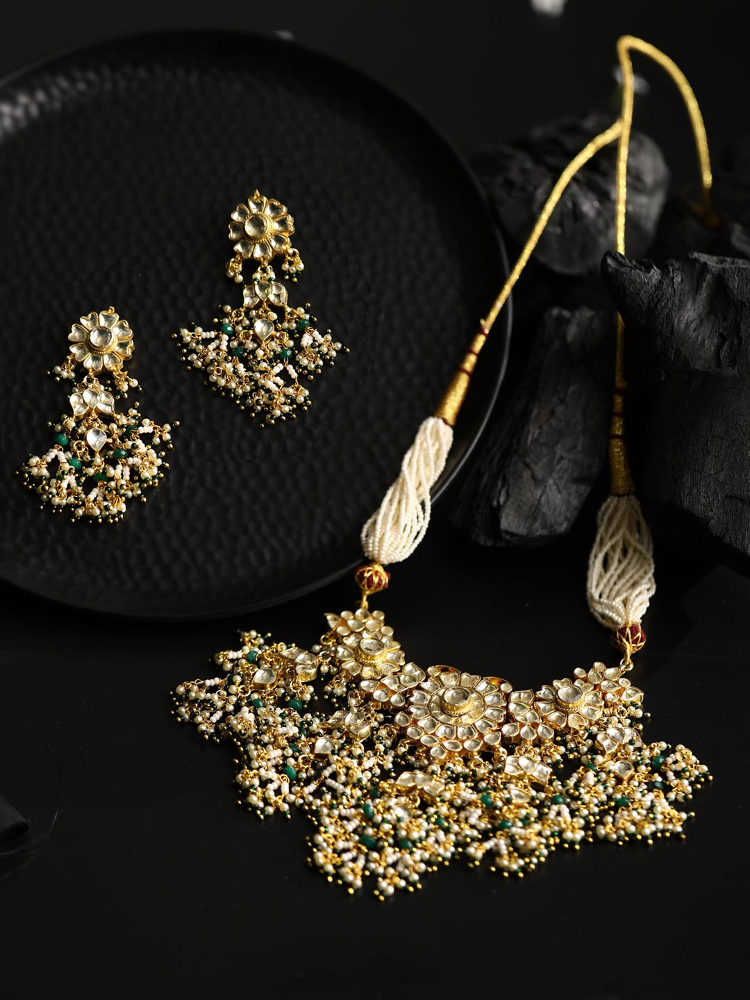 Priyaasi Women White Beads Pachi Kundan Gold-Polished Jewellery Set - Swadesiicart