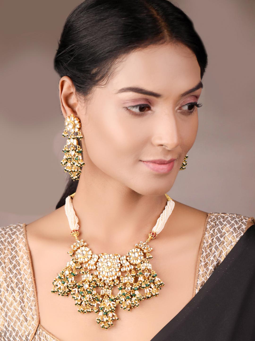 Priyaasi Women White Beads Pachi Kundan Gold-Polished Jewellery Set - Swadesiicart