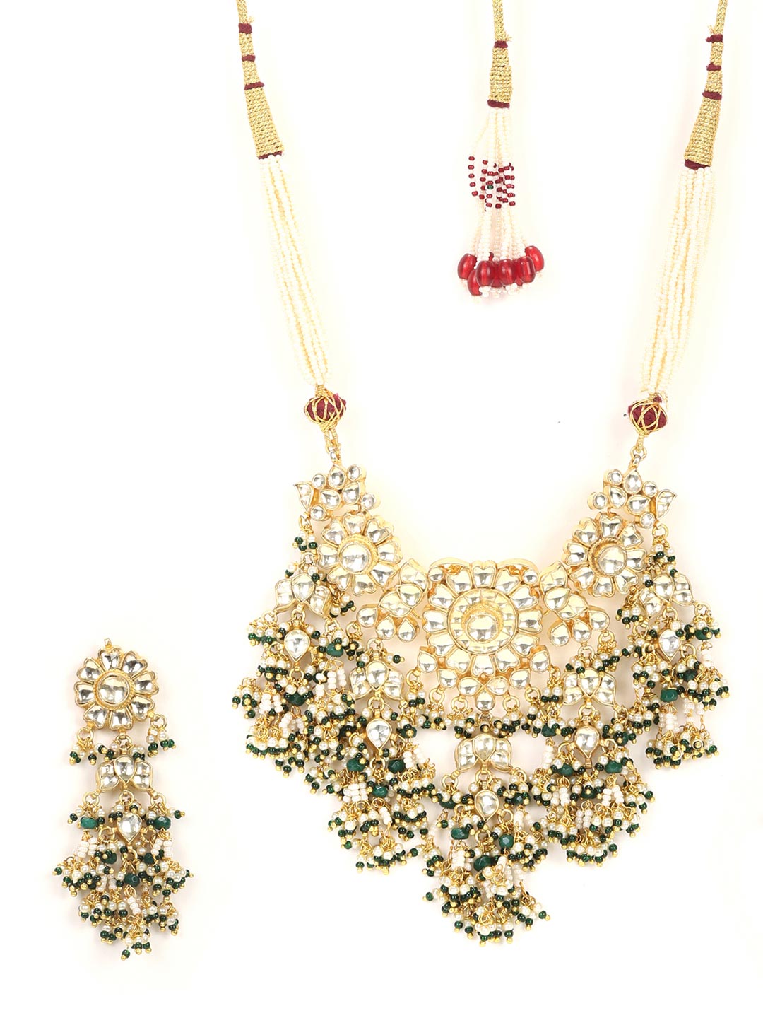 Priyaasi Women White Beads Pachi Kundan Gold-Polished Jewellery Set - Swadesiicart