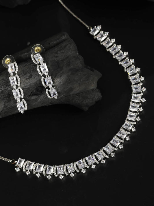 Priyaasi Women Dazzle Blocked-Silver Plated American Diamond Jewellery Set - Noz2Toz