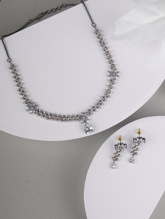 Priyaasi Women Grey American Diamond Cubic Zirconia Gun Metal Plated Jewellery Set - Noz2Toz