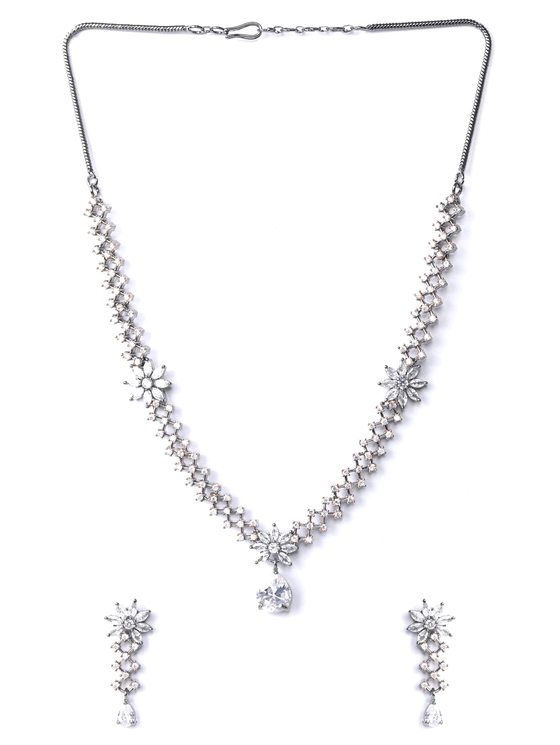 Priyaasi Women Grey American Diamond Cubic Zirconia Gun Metal Plated Jewellery Set - Swadesiicart