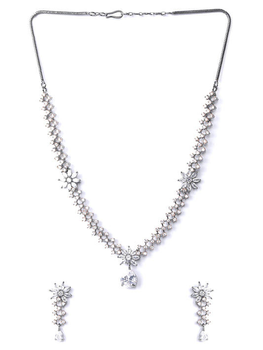 Priyaasi Women Grey American Diamond Cubic Zirconia Gun Metal Plated Jewellery Set - Swadesiicart