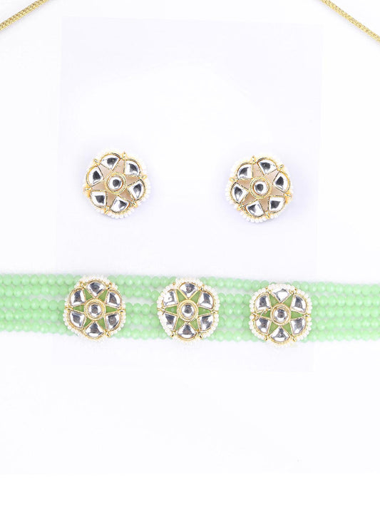 Priyaasi Women Mint Green White Kundan Gold-Polished Choket Set - Swadesiicart