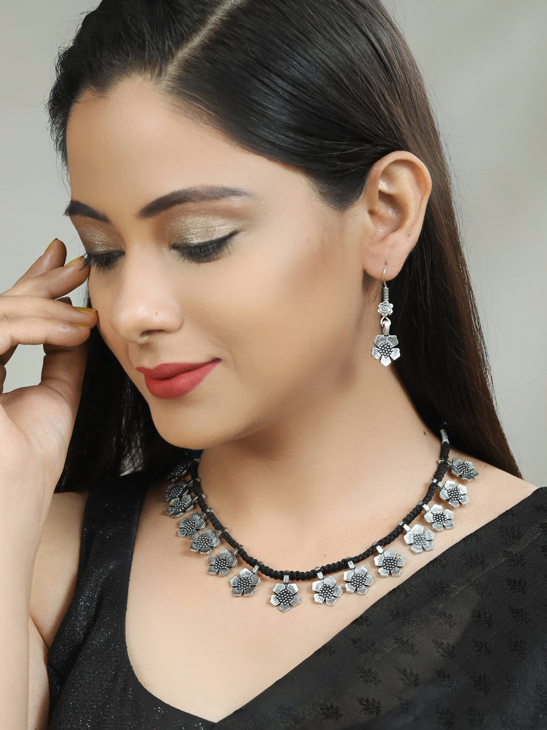 Priyaasi Women Black German Silver Plated Jewellery Set - Swadesiicart