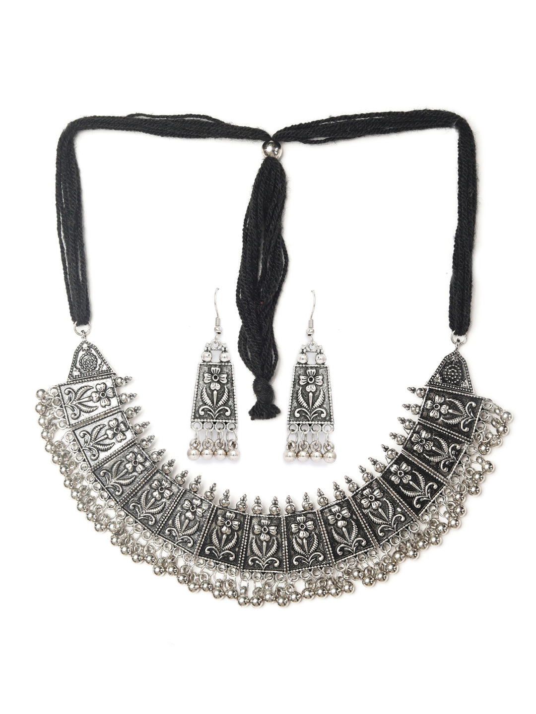 Priyaasi Women Tribal Oxidised Silver Floral Jewellery Set - Swadesiicart