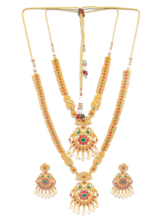 Priyaasi Women Traditional Gold-Polished Real Kemp Peacock Jewelley Set - Swadesiicart