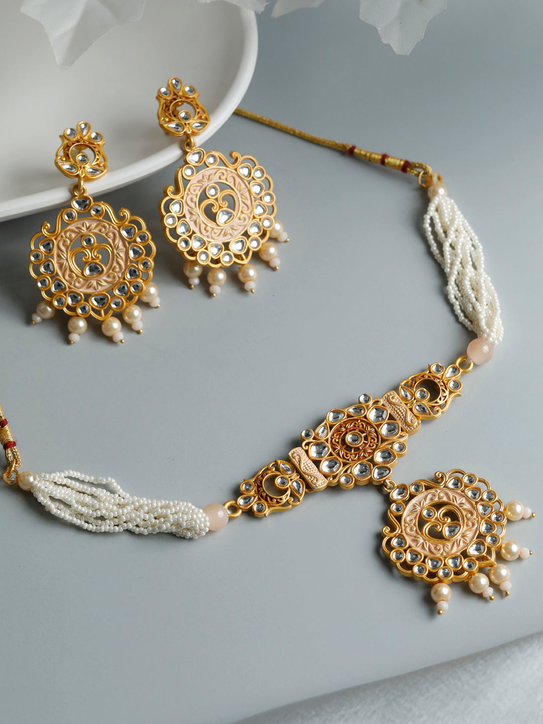 Priyaasi Women Gold & Peach Kundan Meenakari Jewellery Set - Noz2Toz