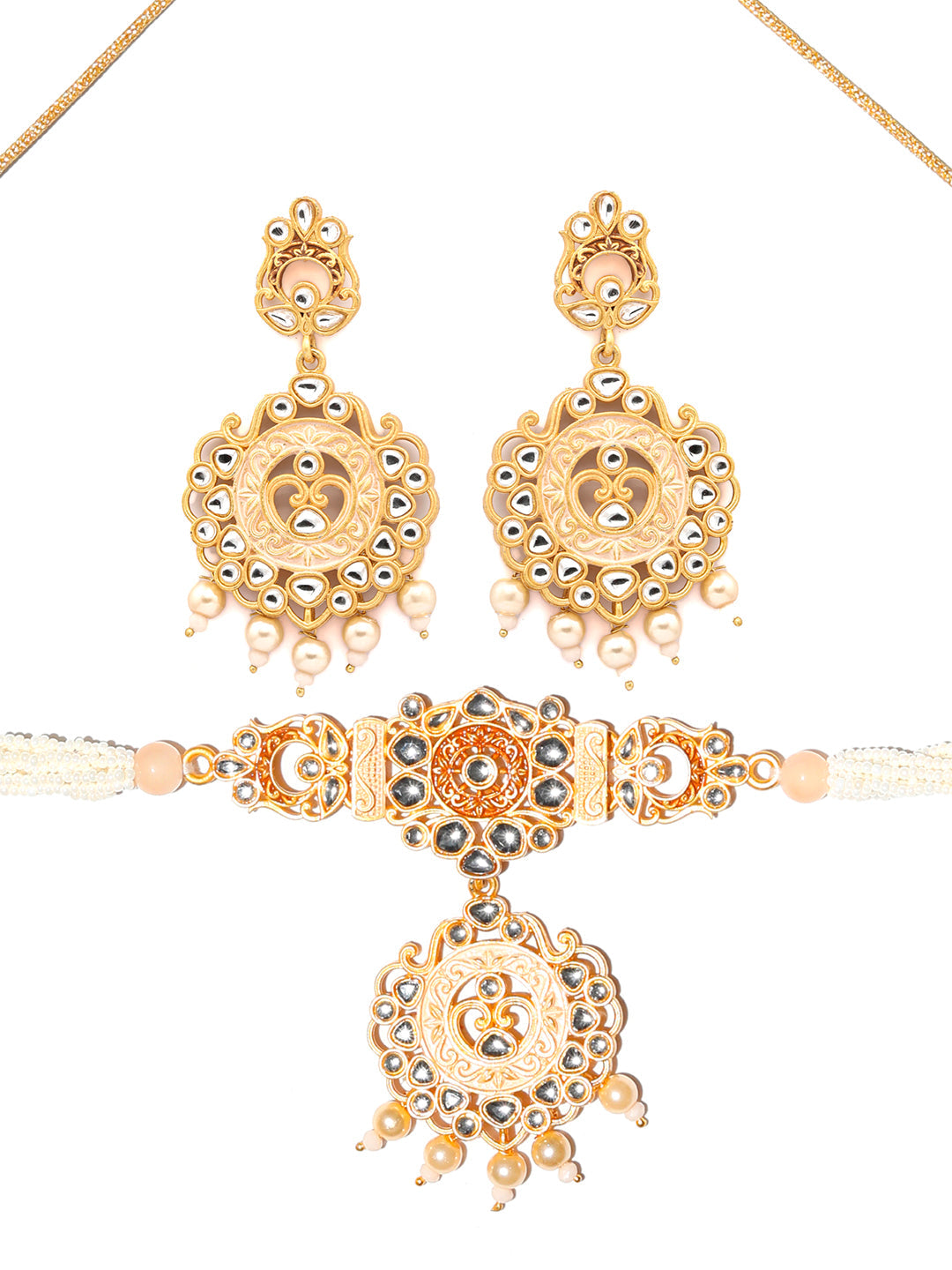 Priyaasi Women Gold & Peach Kundan Meenakari Jewellery Set - Swadesiicart
