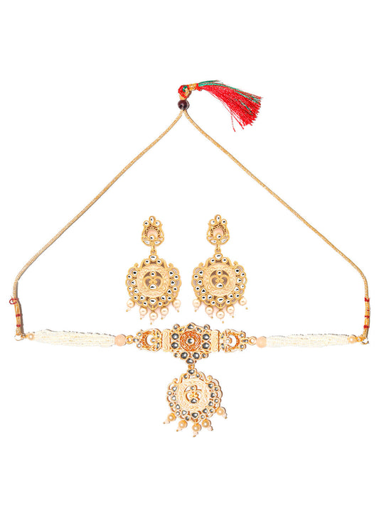 Priyaasi Women Gold & Peach Kundan Meenakari Jewellery Set - Swadesiicart