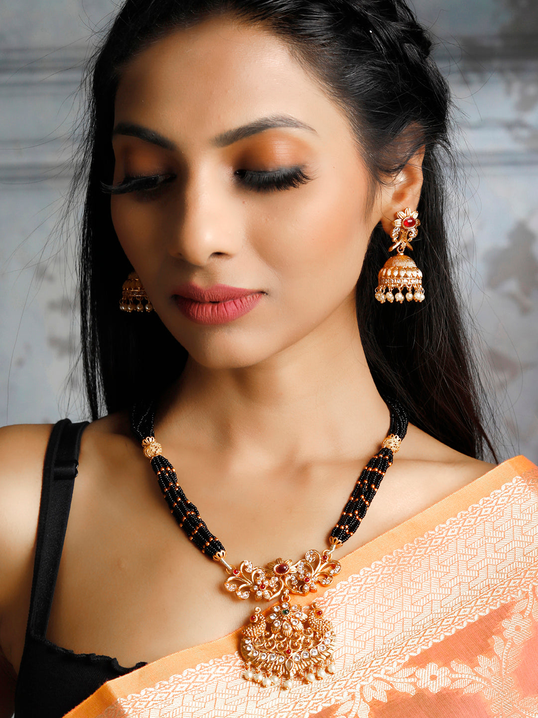 Priyaasi Women Traditional Real Kemp Gold & Black Mangalsutra Set - Swadesiicart