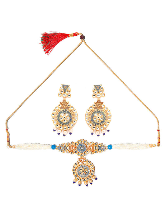 Priyaasi Women Ethnic Gold & Blue Kundan Studded Meenakari Jewellery Set - Swadesiicart