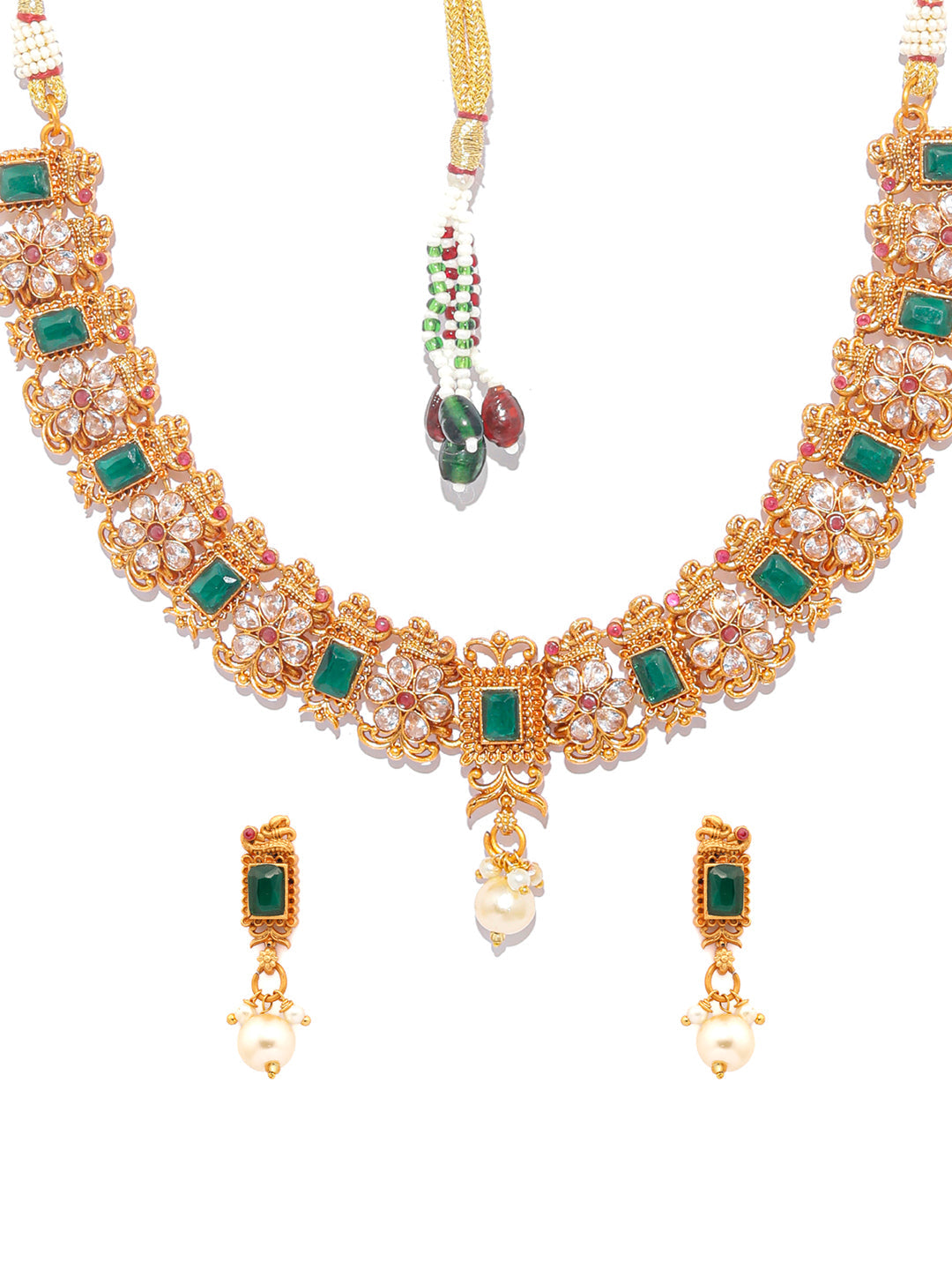 Priyaasi Women Ethnic Ruby & Green Gold-Polished Floral Jewellery Set - Swadesiicart