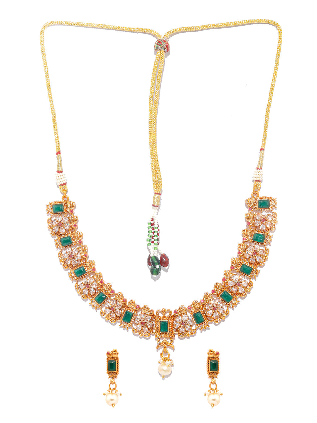 Priyaasi Women Ethnic Ruby & Green Gold-Polished Floral Jewellery Set - Swadesiicart