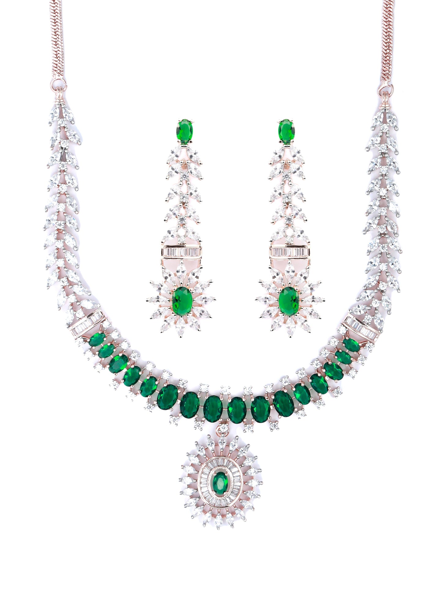 Priyaasi Women Green American Diamond Rose Gold Jewellery Set - Swadesiicart