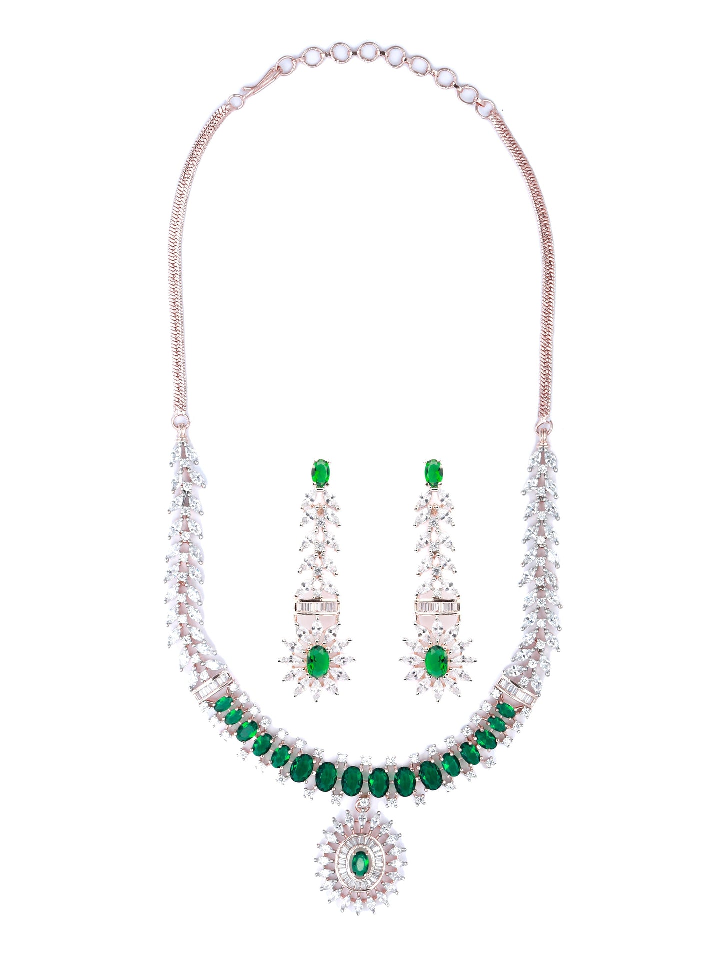Priyaasi Women Green American Diamond Rose Gold Jewellery Set - Swadesiicart