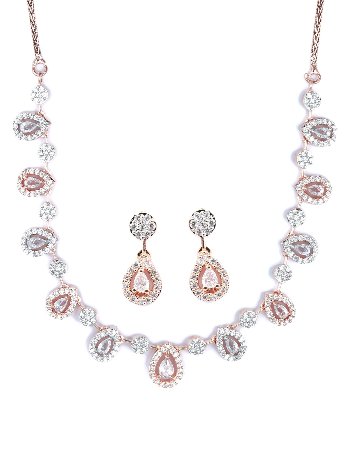 Priyaasi Women Elegant Teardrop Shaped American Diamond Rose Gold Jewellery Set - Swadesiicart