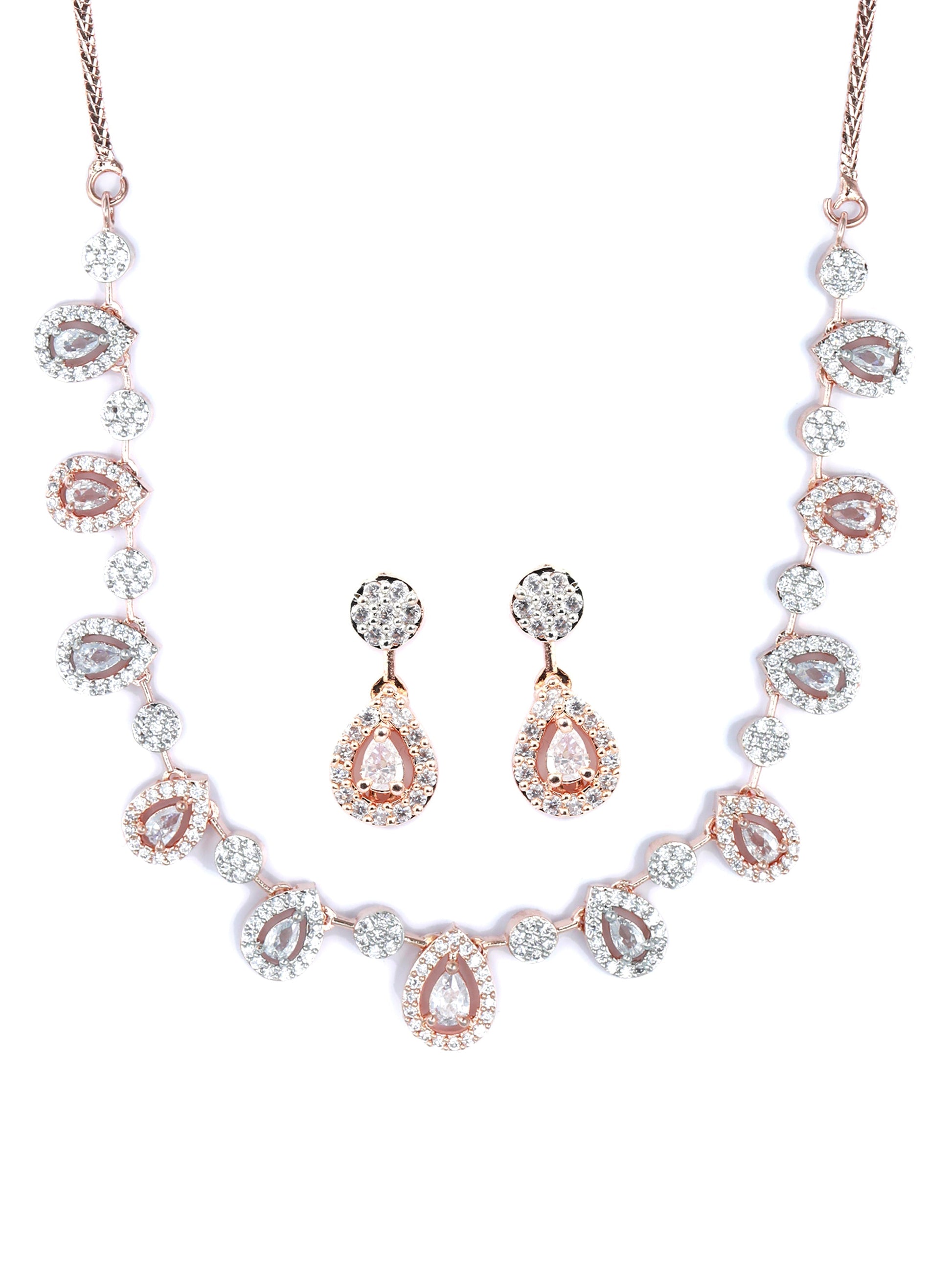 Priyaasi Women Elegant Teardrop Shaped American Diamond Rose Gold Jewellery Set - Swadesiicart