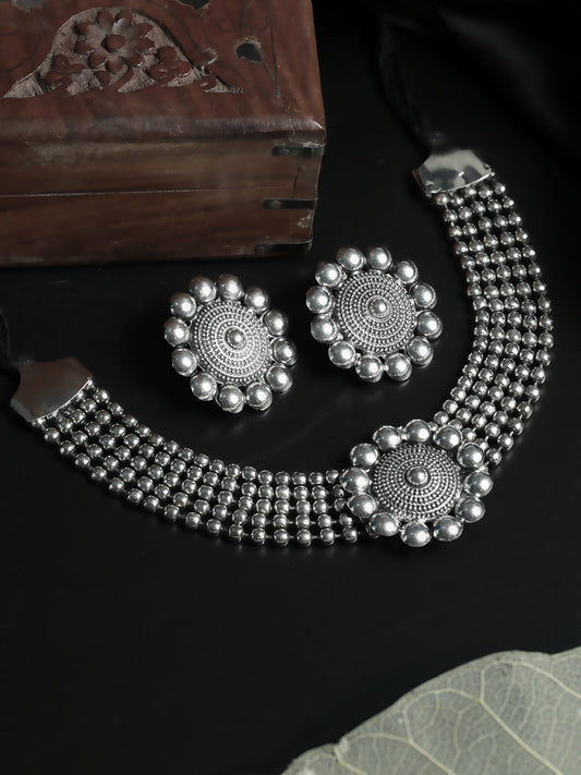 Priyaasi Women Oxidised Silver Floral Multilayer Chain Jewellery Set - Noz2Toz