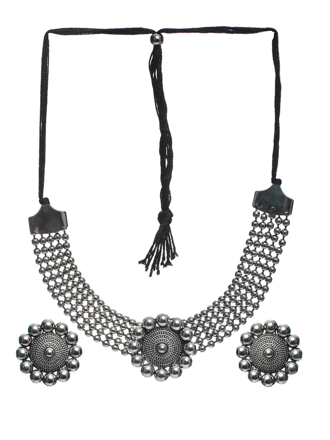 Priyaasi Women Oxidised Silver Floral Multilayer Chain Jewellery Set - Swadesiicart