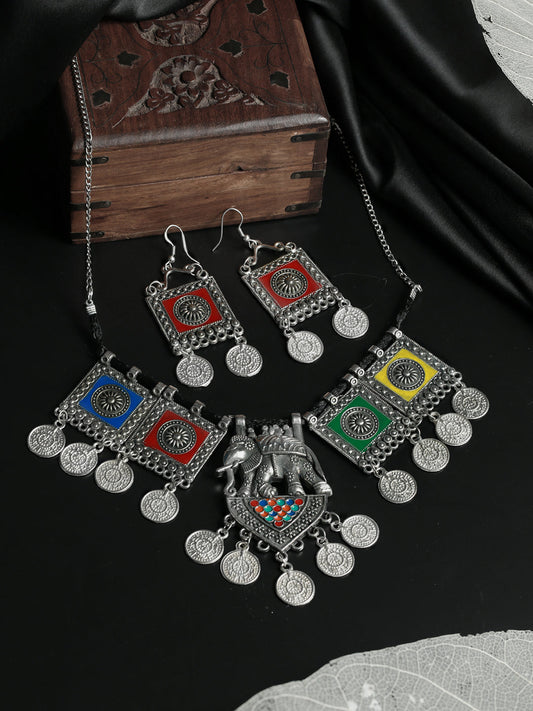 Priyaasi Women Oxidised Silver Multicolor Floral Elephant Pattern Jewellery Set - Noz2Toz