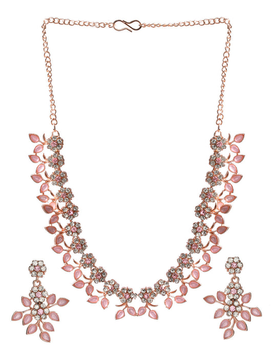 Priyaasi Women Pink Studded Floral Rose Gold-Polished Jewellery Set - Swadesiicart