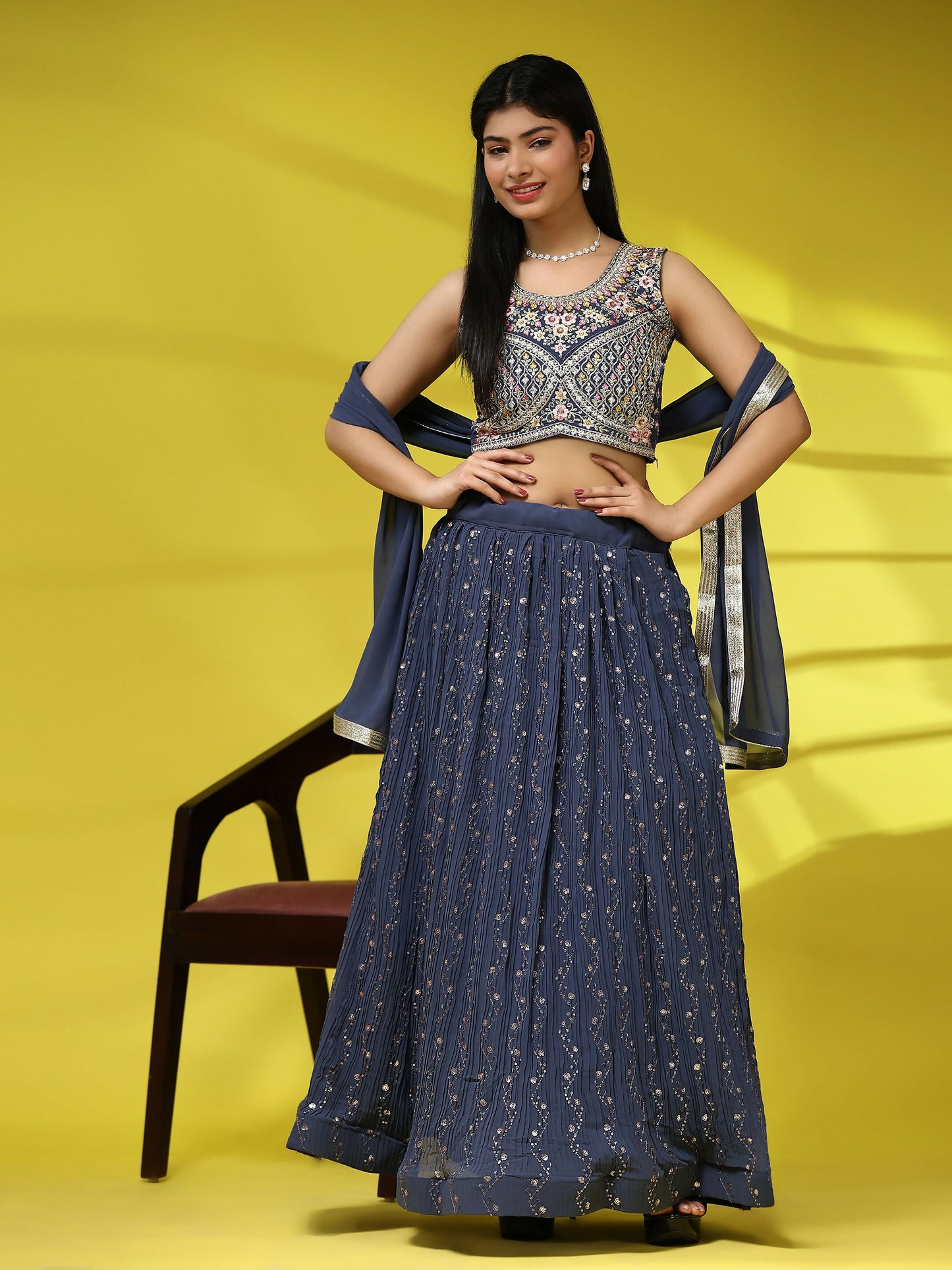 Dark Grey Georgette Embroidered Lehenga choli with Dupatta - Dhara | Swadesiicart