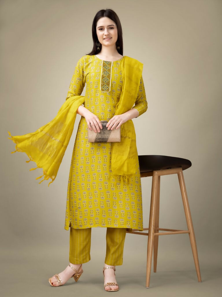 Jyoti Fashion Women's Yellow Rayon Embroidery & Sequence work Kurta with Trouser & Dupatta | Swadesiicart