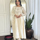 The52 CreamWomen's Gorgeous Embroidered Vichitra Silk Fabric Flared Kurta Pant with Dupatta Set - Swadesiicart