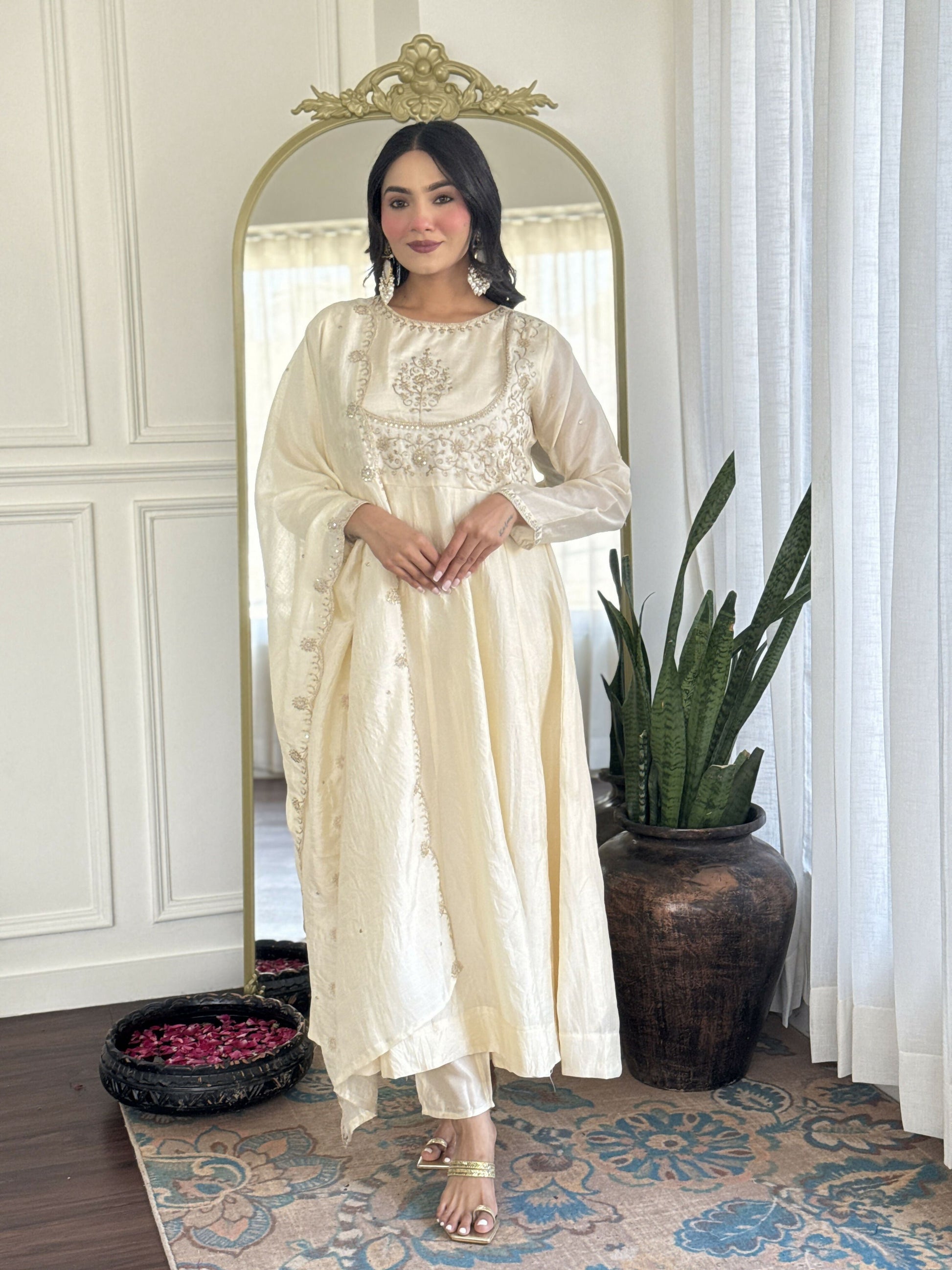The52 CreamWomen's Gorgeous Embroidered Vichitra Silk Fabric Flared Kurta Pant with Dupatta Set - Swadesiicart