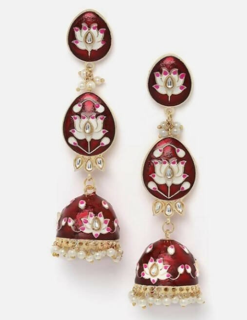 Alloy Base Metal Gold-Toned Kundan Oval Jhumkas Earrings for Women & Girls By House of Ree - Swadesiicart