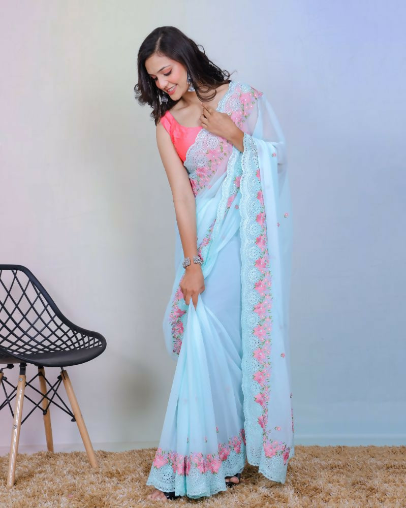 Vamsee Rashmika Sky Blue Georgette Saree - Swadesiicart
