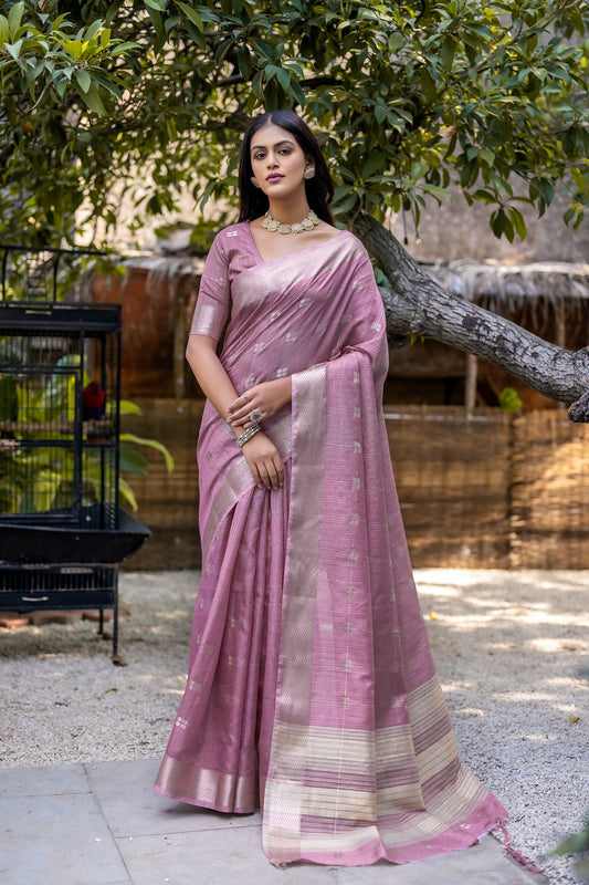 Vishnu Weaves Women's Purple Pure Cotton Zari Woven Saree with Blouse - Swadesiicart