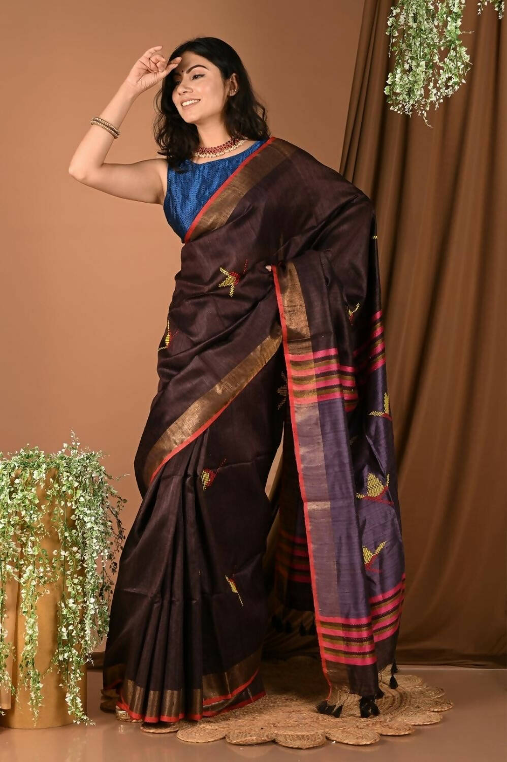 Very Much Indian Handloom Pure Dupion Silk Saree With Sleek Golden Border - Brown | Swadesiicart