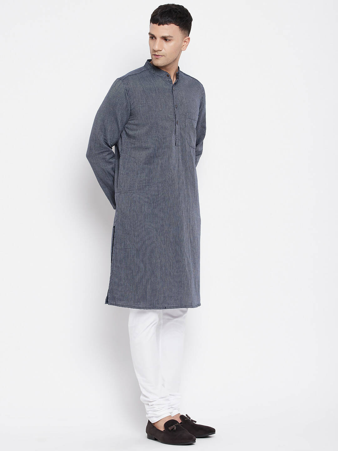 Even Apparels Grey Color Pure Cotton Men's Kurta With Band Collar | Swadesiicart