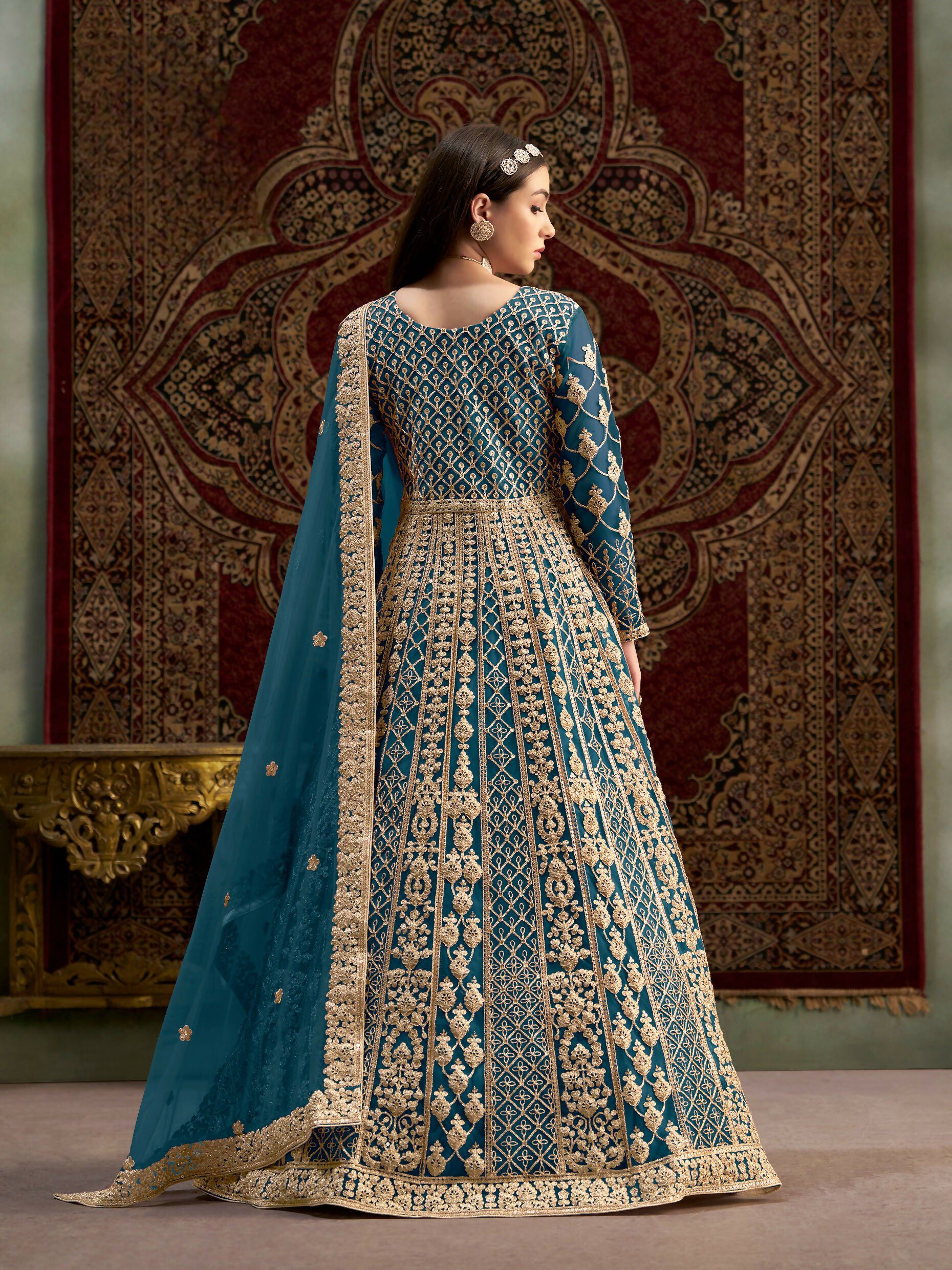 Anaita Teal Embroidered Net Anarkali Suit