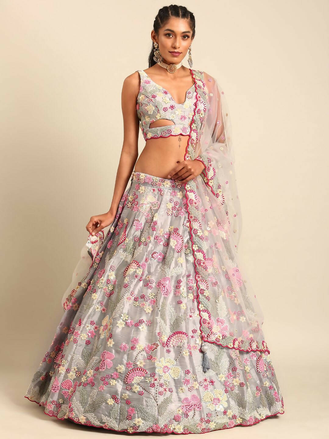 House of Panchhi Grey Organza Sequins and Zarkan embroidery Lehenga choli & Dupatta | Swadesiicart