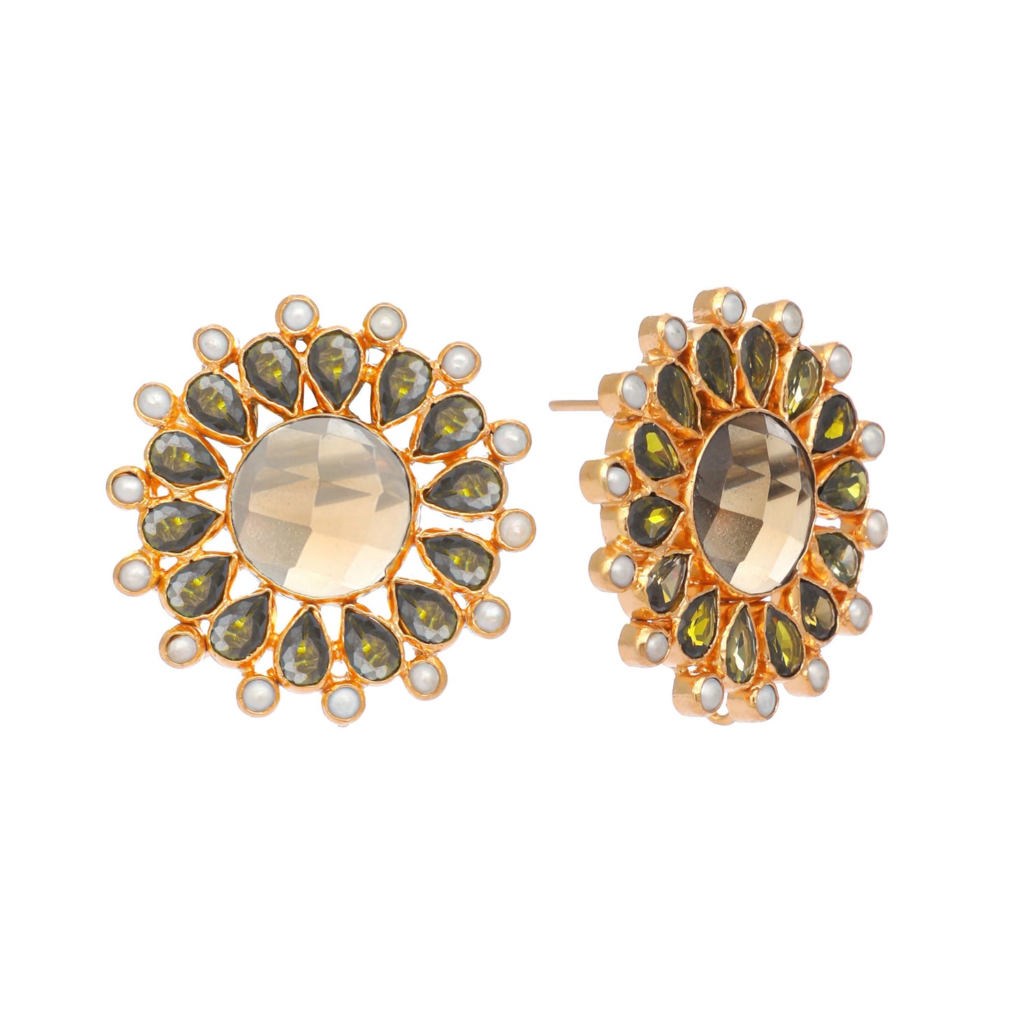 Nuyug 22K Gold Plated Faux Smoky Quartz & Crystal Studded Contemporary Floral Studs | Swadesiicart