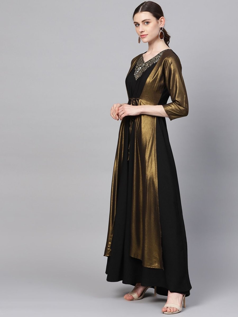 Ahalyaa Women's Black Crepe Dress with Attached Jacket | Swadesiicart