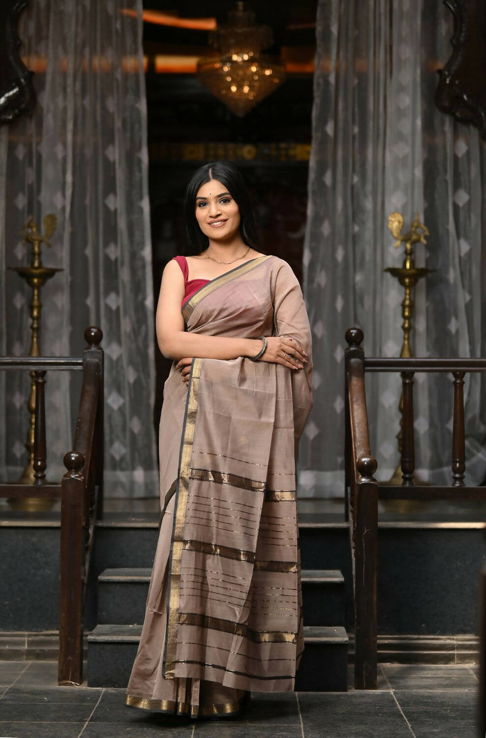 Very Much Indian VMI Exclusive Designer! Handloom Cotton Silk Saree With Sleek Golden Border - Warm Taupe | Swadesiicart