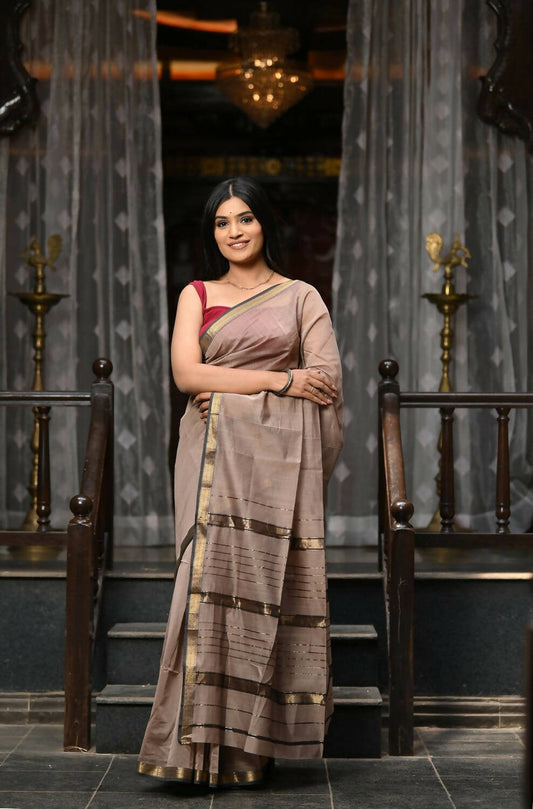 Very Much Indian VMI Exclusive Designer! Handloom Cotton Silk Saree With Sleek Golden Border - Warm Taupe | Swadesiicart