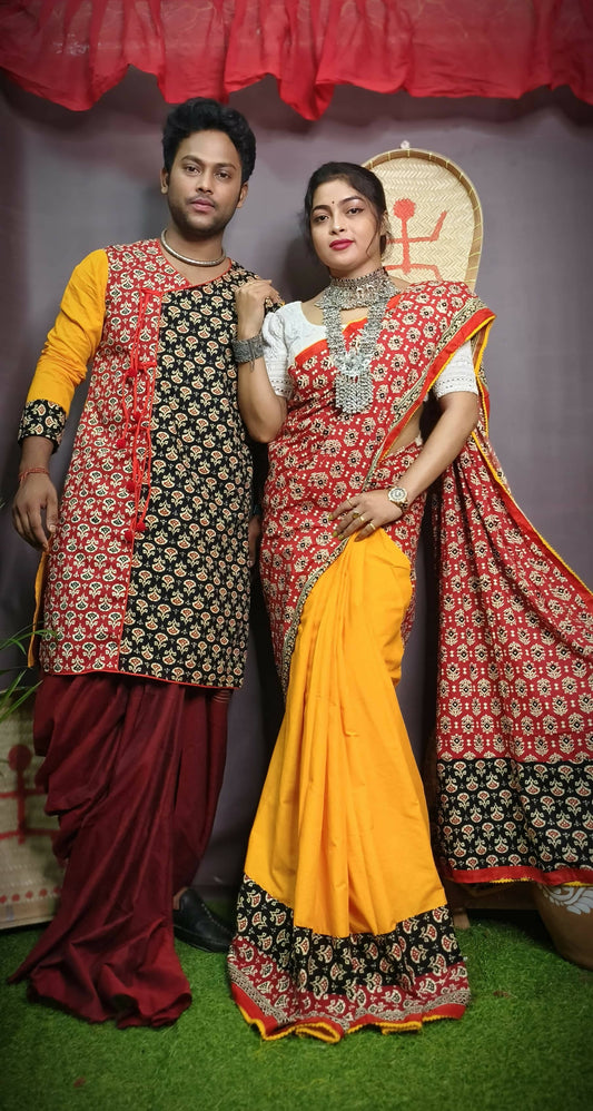 Exclusive Collection Saree With Blouse Piece For Women And Men's Kurta - Yellow | Swadesiicart