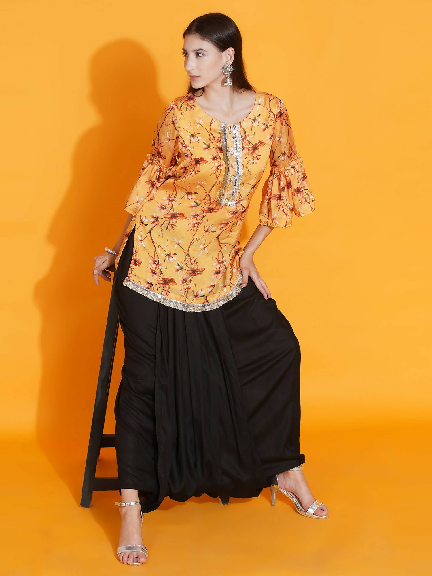Women Republic Yellow Printed Satin Georgette Shirt With Bell Sleeves And Dhoti | Swadesiicart
