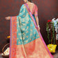 Lorenvalley Fashion Skyblue Kanjivaram Silk Woven Design with Zari Weaving Saree - Swadesiicart
