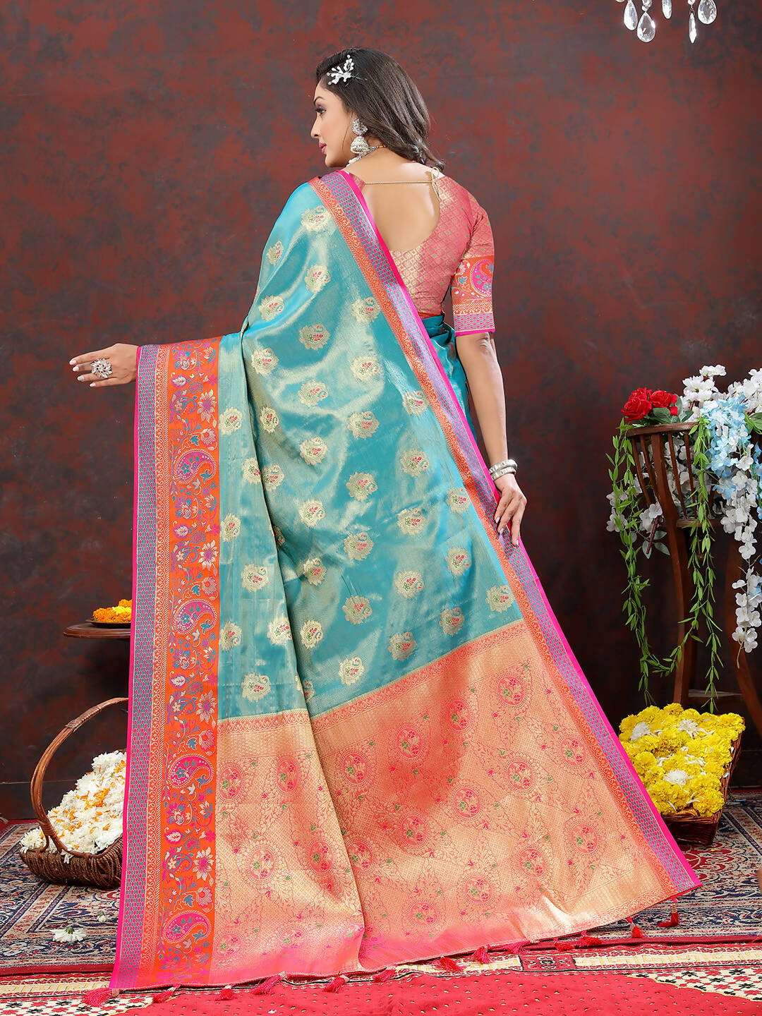 Lorenvalley Fashion Skyblue Kanjivaram Silk Woven Design with Zari Weaving Saree - Swadesiicart