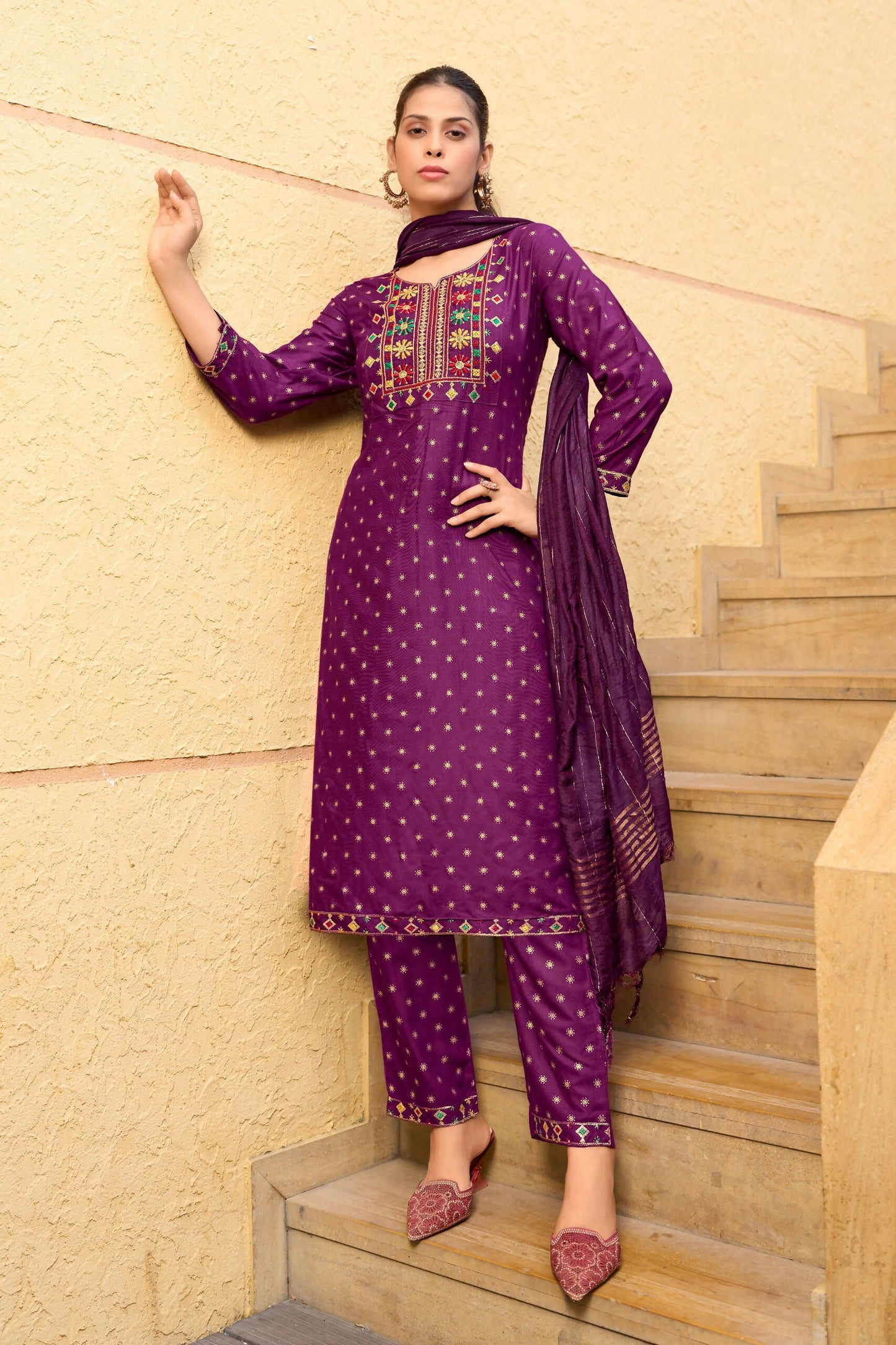 Jyoti Fashion Women's Wine 14KG Rayon Foil Print with Embroidery Kurta Set | Swadesiicart