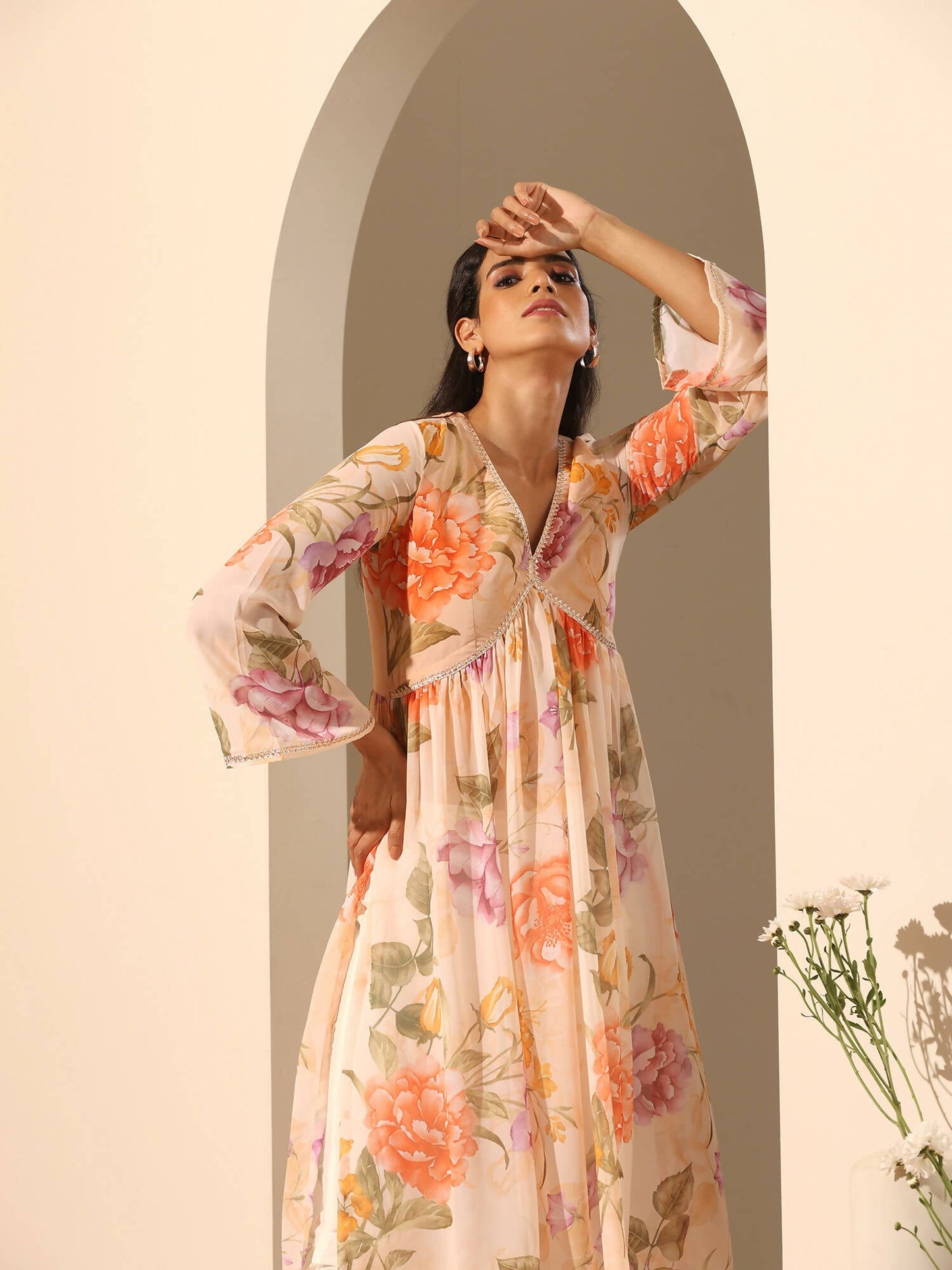 Pomcha Jaipur Peach Gul Ruhani Suit Set | Swadesiicart